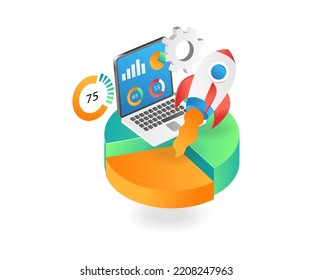 Rocket flying off pie chart in isometric flat illustration