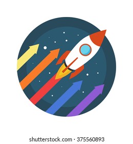 Rocket is flying up on chart. Symbol of business growth. Flat logo vector.