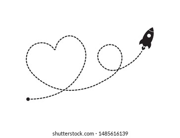 Rocket Flying on a Heart Shaped Dotted Route, Vector Design