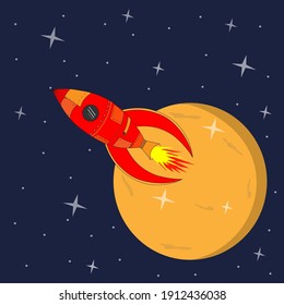 rocket flying on the moon in space, vector illustration, flat illustration