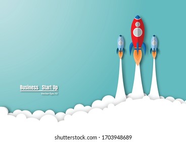 Rocket flying on the sky. rocket launch to success. symbol project start-up business. empty space for text. vector illustration design