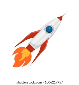 Rocket is flying on the sky. Start up concept isolated on white background. Vector illustration. Eps 10.