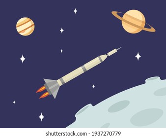 Rocket flying in open space among Moon, Saturn planets and stars. Spaceship flight, galaxy. Flat vector illustration. Space science, astronomy, technology concept