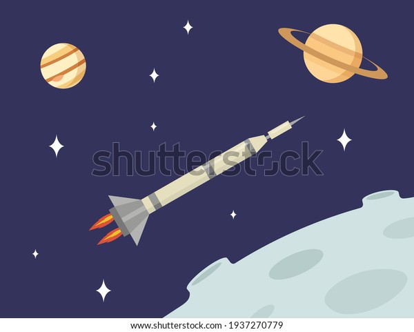 Rocket flying in open space\
among Moon, Saturn planets and stars. Spaceship flight, galaxy.\
Flat vector illustration. Space science, astronomy, technology\
concept