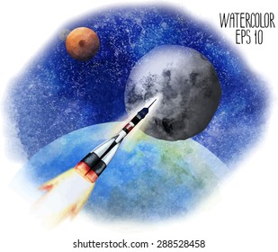 Rocket flying in open space from the Earth to the Moon. Watercolor illustration isolated on white background