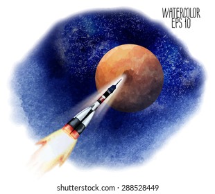 Rocket flying in open space to Mars. Watercolor illustration isolated on white background