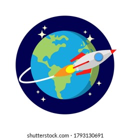 rocket flying out of the earth into space concept flat design icon logo vector illustration