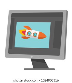 Rocket flying out of laptop screen. Concept of business start-up. Vector cartoon illustration isolated on white background.