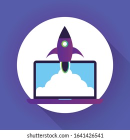 Rocket flying out of laptop screen start up concept flat vector illustration