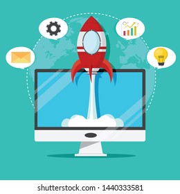 Rocket flying out of laptop screen.start up concept.Vector illustration.