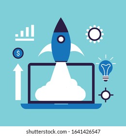 Rocket flying out of laptop screen.start up concept.Vector illustration.