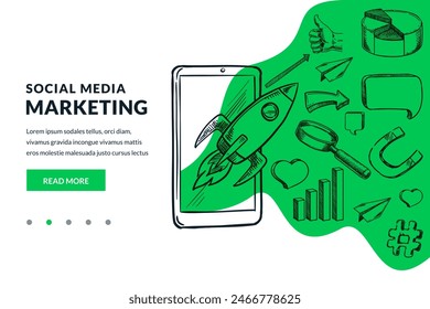 Cohete que vuela hacia fuera la pantalla del teléfono inteligente y los símbolos de marketing de redes sociales en el fondo verde. Concepto de estrategia de publicidad, tecnología empresarial e innovación. Vector dibujado a mano ilustración de boceto