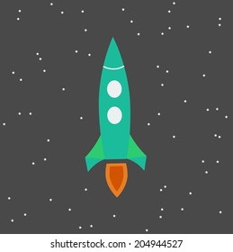 Rocket flying in outer space with stars, flat icon. Vector illustration