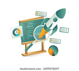 Rocket flying over blackboard with magnifying glass, symbolizing code programming