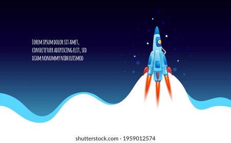 Rocket flying over cloud, Spaceship launch. Business startup banner concept. Vector Cartoon illustration for website 