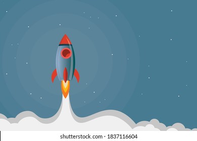 Rocket Flying Over Cloud,Rocket Launch. Business Startup Concept.