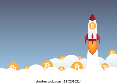 rocket flying over clouds with bitcoin icon vector illustration in flat style with copy space eps10