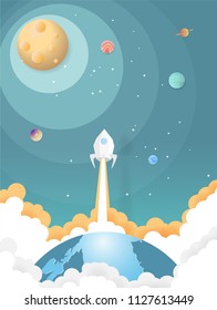 Rocket flying over the earth with planet galaxy, start up concept and flat-style,Paper art idea and digital craft.