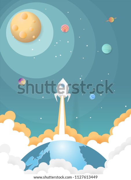 Rocket\
flying over the earth with planet galaxy, start up concept and\
flat-style,Paper art idea and digital\
craft.