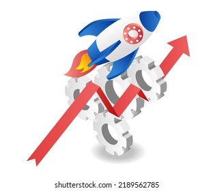 Rocket flying over gear in isometric illustration