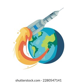 rocket flying over the planet over white