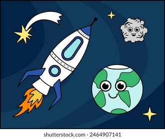 Rocket flying past the Earth and moon. Childish Space illustration. Cartoon, vector. Isolated vector illustration eps 10