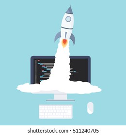  Rocket flying from pc start up project. Vector illustration