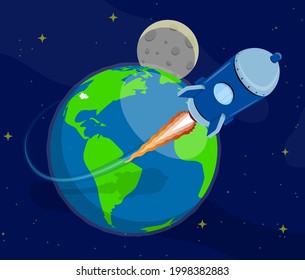Rocket flying from planet earth into open space to stars. Flights to Mars, Moon and planets of solar system. Cartoon vector