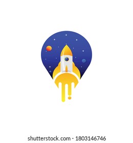 Rocket flying planet logo with address icon illustration