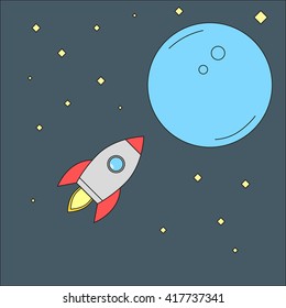 Rocket flying to planet. Rocket in outter space. 