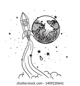 rocket flying with planet of the solar system