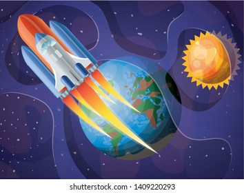 rocket flying with planets of the solar system background
