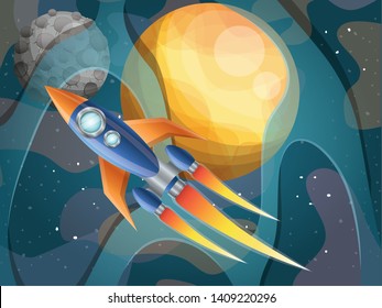rocket flying with planets of the solar system background
