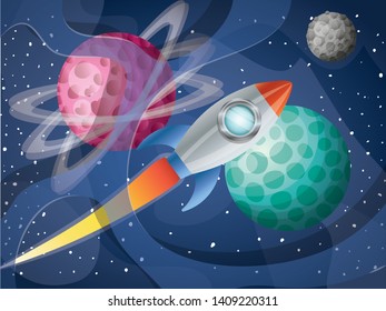 rocket flying with planets of the solar system background