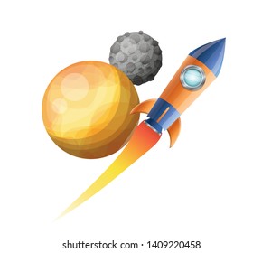 rocket flying with planets of the solar system background