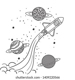 rocket flying with planets of the solar system