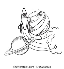 rocket flying with planets of the solar system