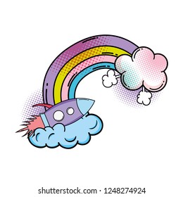 rocket flying with rainbow pop art style