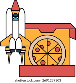 Un cohete está volando en el cielo sobre una pizza. El cohete es blanco y la pizza es amarilla