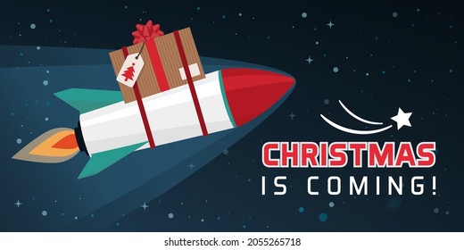 Rocket flying in the sky and carrying a beautiful Christmas gift, quick delivery and holidays concept