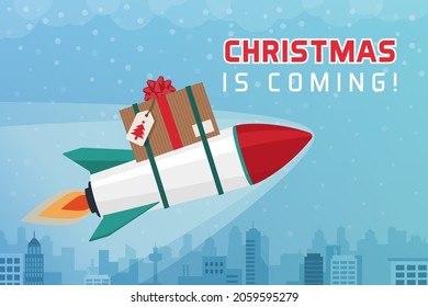 Rocket flying in the sky and carrying a beautiful Christmas gift, quick delivery and holidays concept