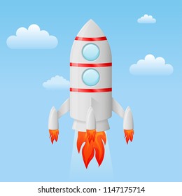 Rocket flying in the sky. Colored cartoon drawing. Vector 3d illustration isolated on white background