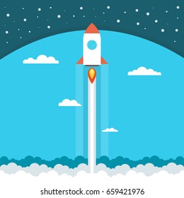 Rocket flying in the sky. Concept of new business project startup. Flat cartoon style. Vector illustration.