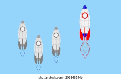 Rocket flying to the sky. Leadership, enterprise, confidence, belief, fearless, daring. Vector illustration