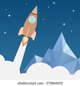 Rocket flying to the sky with mountain background