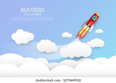 Rocket flying in sky, startup and success concept , Paper art style