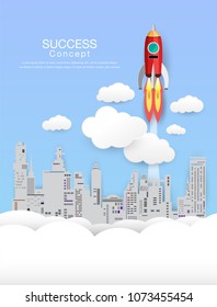 Rocket flying in sky, startup and success concept , Paper art style