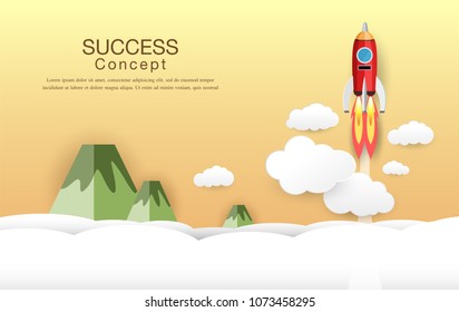 Rocket flying in sky, startup and success concept , Paper art style