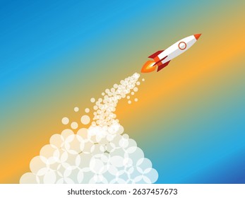 Rocket flying with smoke trail in colorful sky with orange and blue gradient