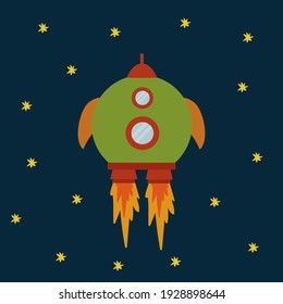 Rocket is flying in the solar system. Cartoon space transport. Vector Shuttle, Rocket, Satellite, UFO for fashionable children's clothing. Image of a flying transport in space. Vector illustration